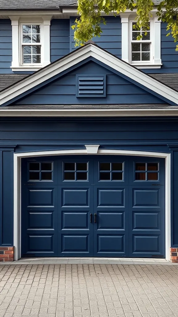 Navy blue garage doors with decorative panels and white trim