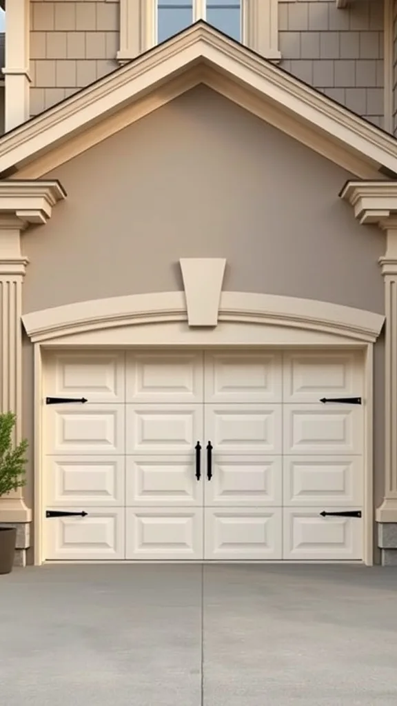 Elegant raised panel garage door with cream color and black hardware