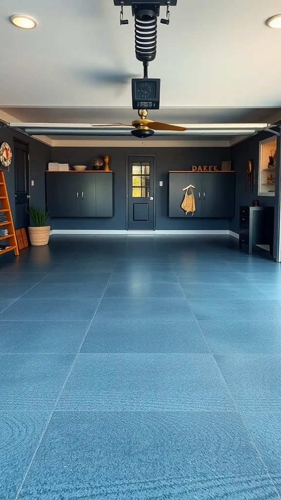 Garage with slate blue epoxy flooring and dark cabinets