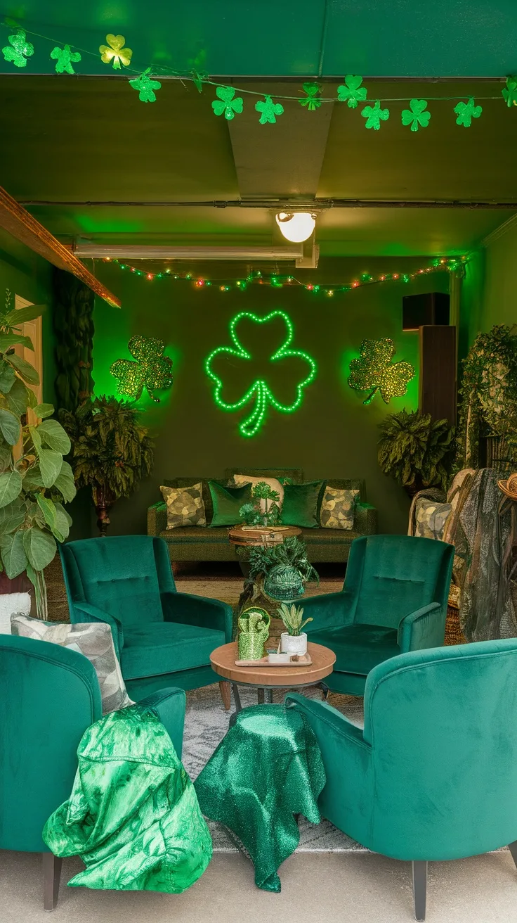 A cozy emerald green lounge area decorated for St. Patrick's Day with green furniture, shamrock lights, and potted plants.