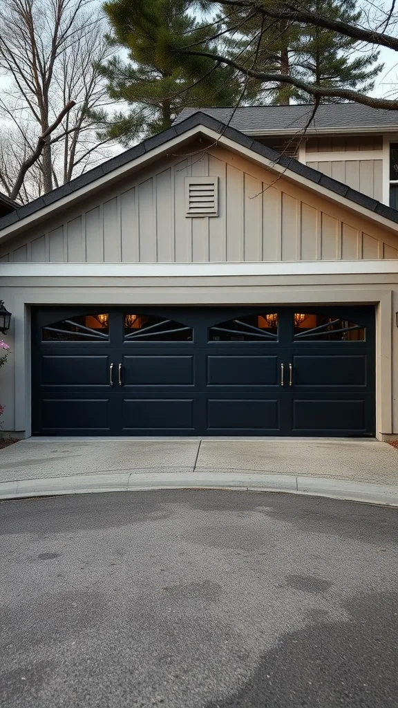 A modern navy garage door with windows and sleek handles