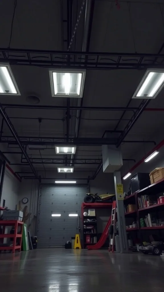 A well-lit garage with fluorescent ceiling lights and organized storage.