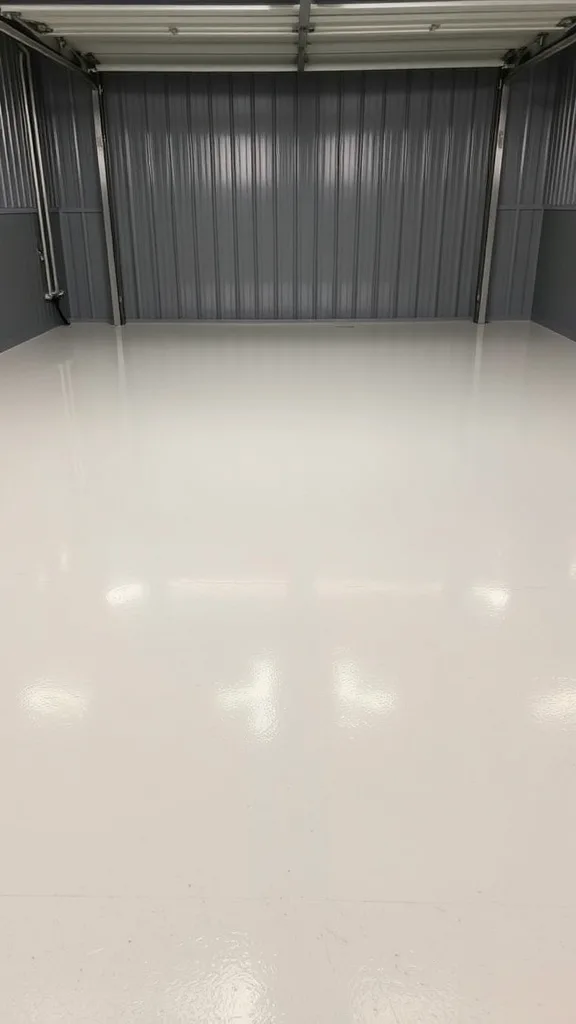 Glossy white epoxy-coated floor in a metal garage building