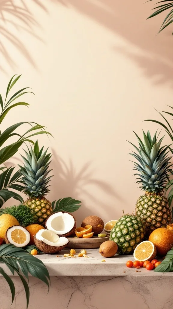 A vibrant display of tropical fruits including pineapples, coconuts, and citrus on a stylish countertop with palm leaves.