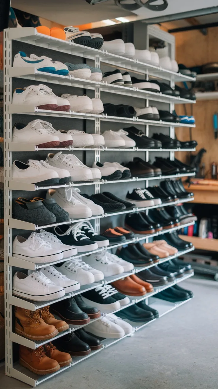 An expandable shoe rack filled with a variety of shoes in a garage setting.