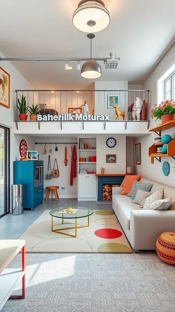 A modern garage apartment featuring a sleek car, a kitchen area, and organized shelves, illustrating a multi-functional family space.