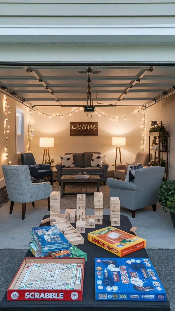 A cozy garage converted into a family gathering space with games, featuring comfortable seating and festive decorations.