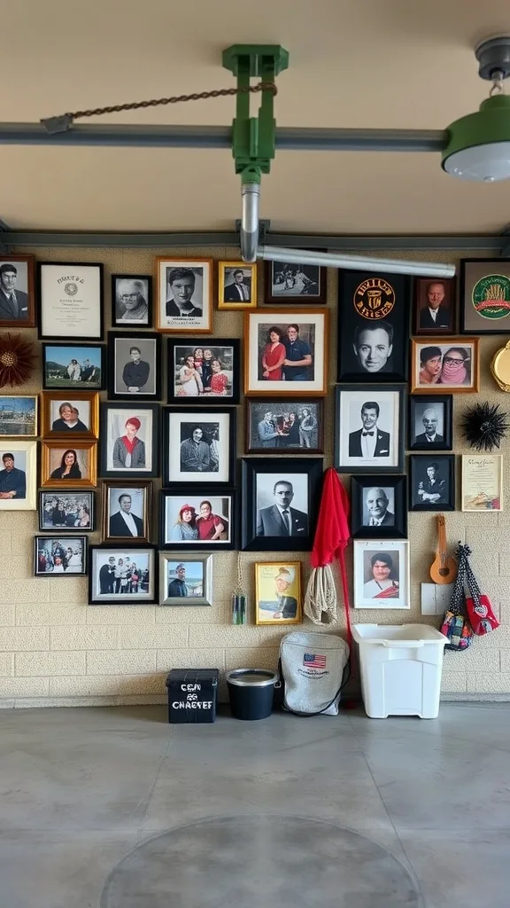 A wall in a garage filled with family photos in various frames, showcasing memorable moments.