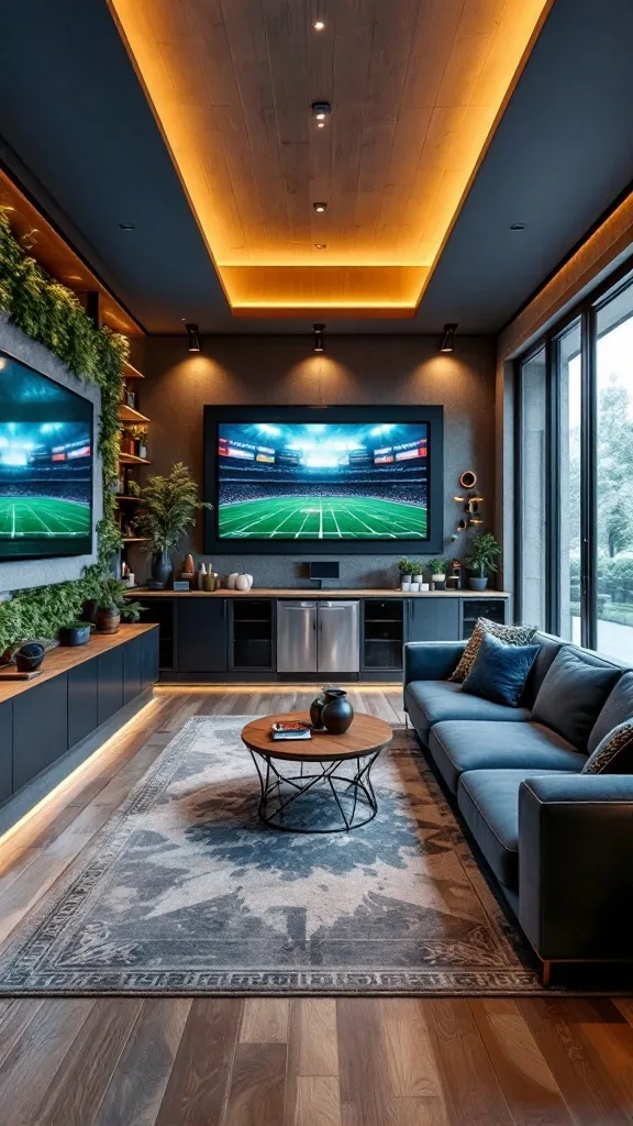 A spacious fan cave with comfortable seating, ideal for watching sports.