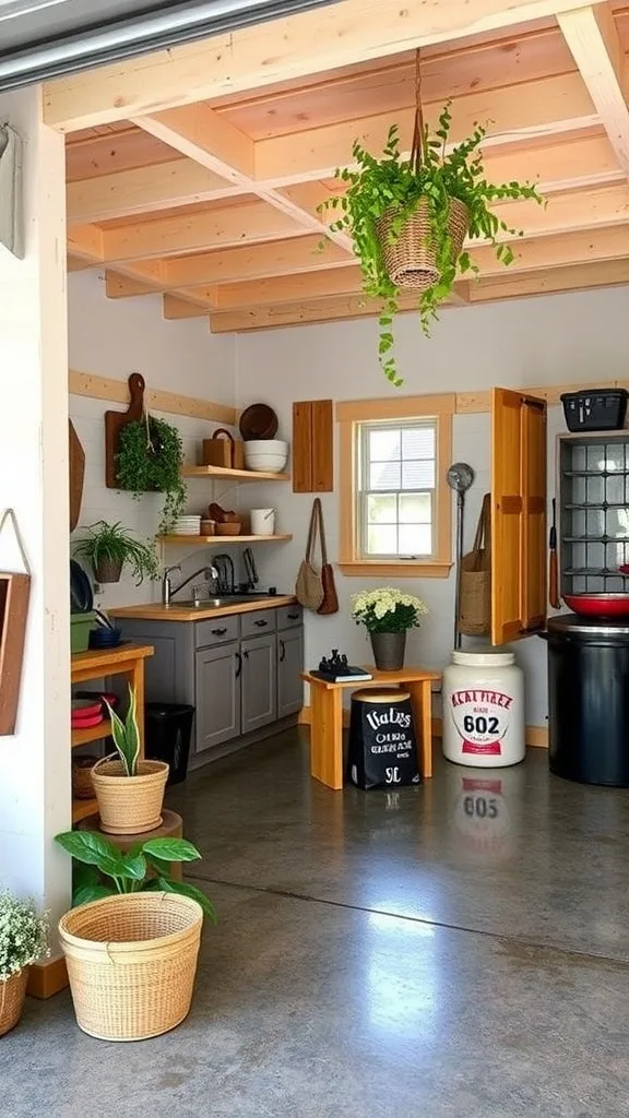 A cozy farmhouse-inspired garage aesthetic with rustic wooden elements and warm lighting.