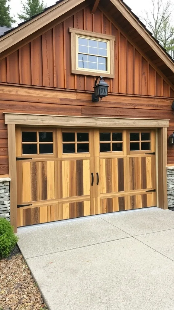 Farmhouse inspired wooden garage doors with windows and black hardware