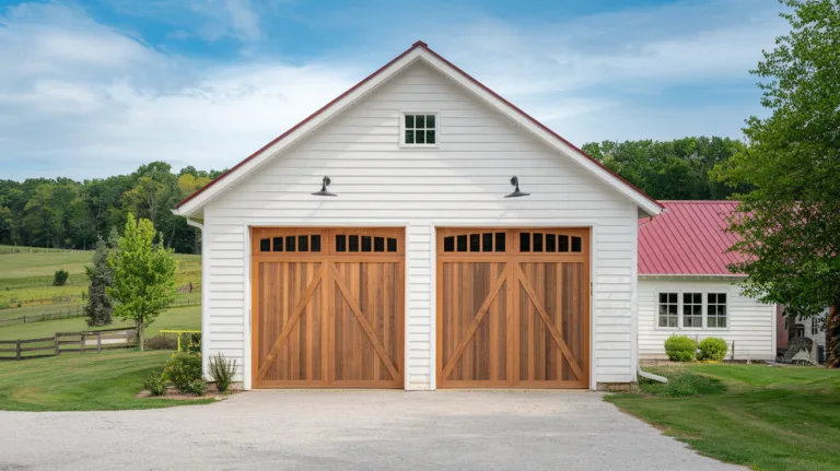 A photo of a white farmhouse with large garage doors. The garage doors are made of wood and have a unique design with diagonal wooden planks. The farmhouse has a red roof and is surrounded by a lush green landscape. There are also some trees and a fence near the farmhouse. The sky is clear with a few clouds.