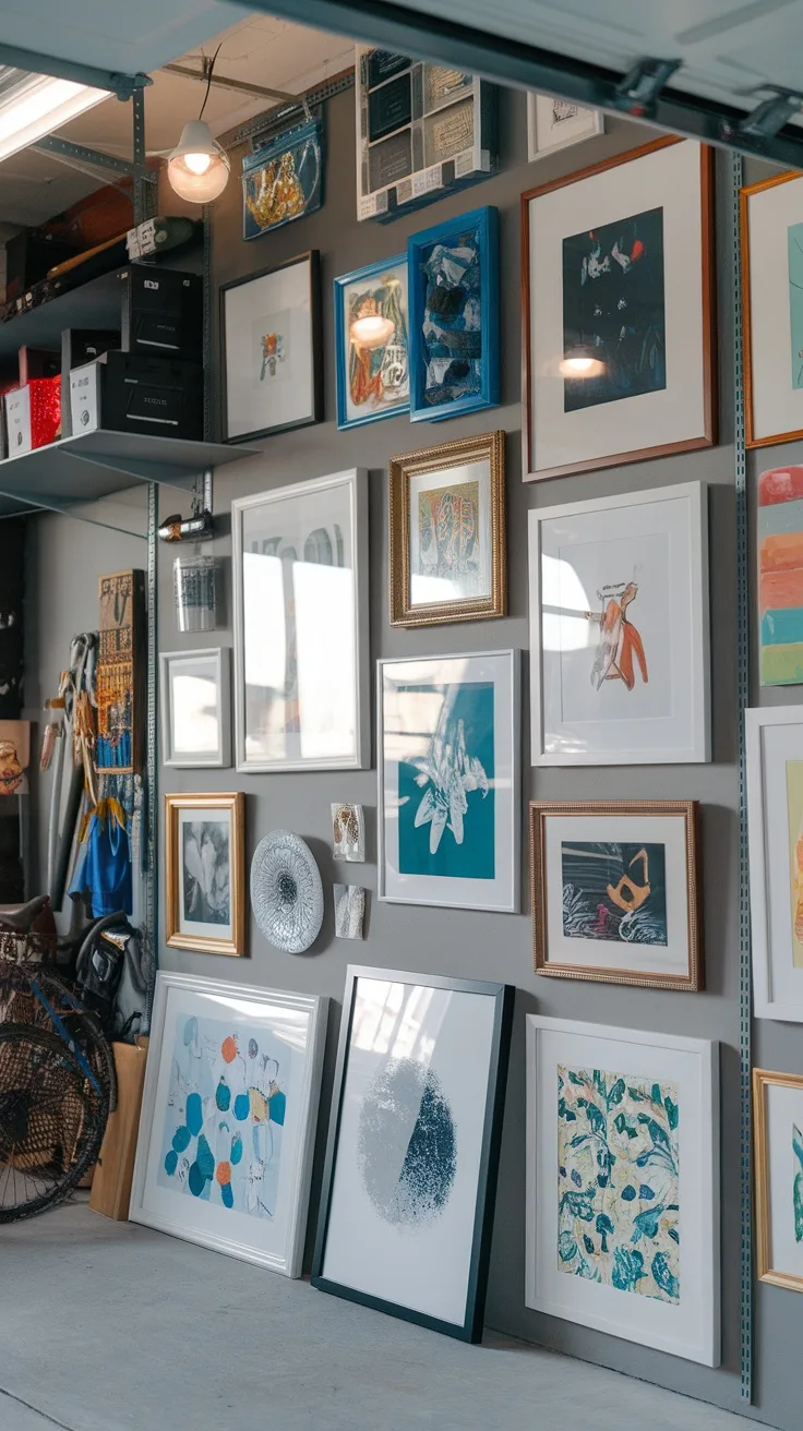 A garage wall featuring a gallery of personal artworks framed in various styles.