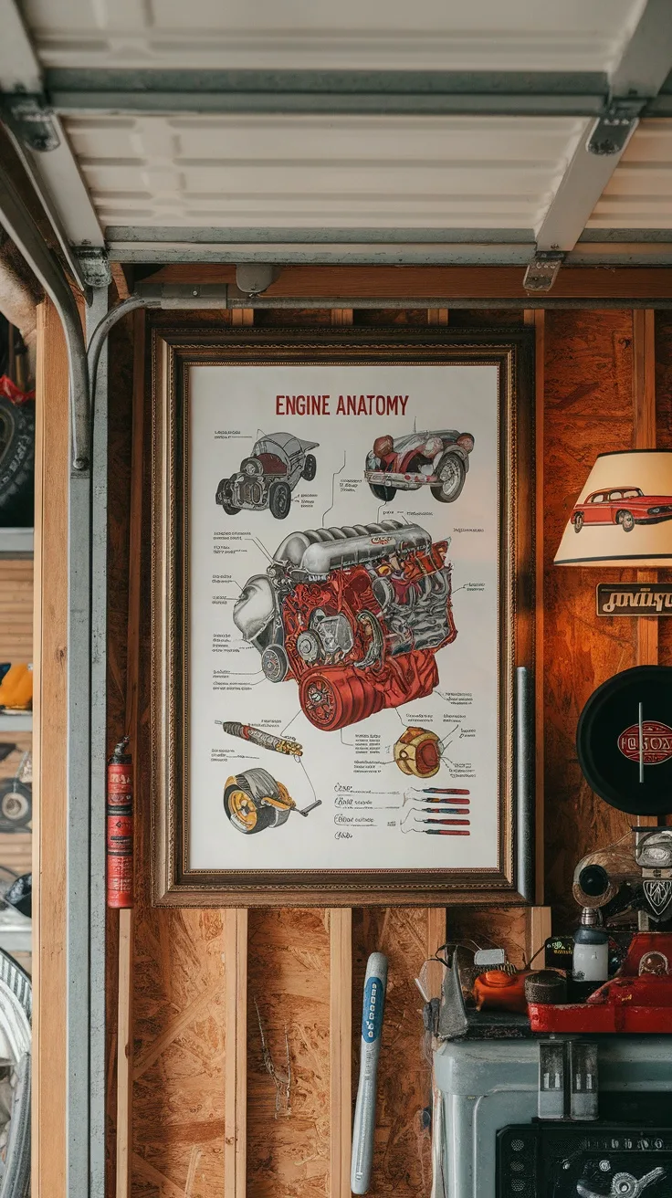 Artwork displaying engine anatomy and diagrams on garage wall