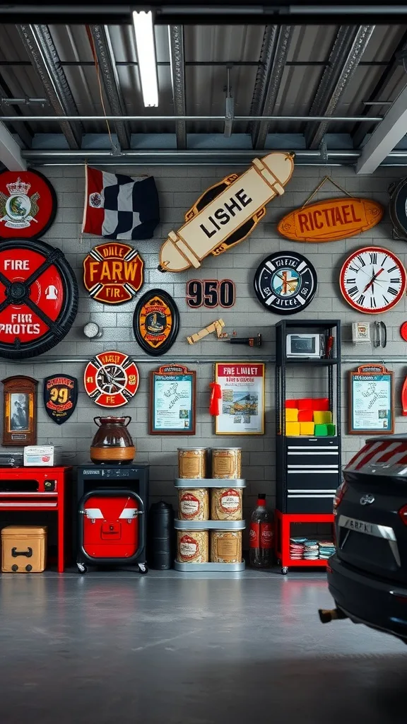 A garage decorated with firefighter and police themed decor including badges, signs, and memorabilia.