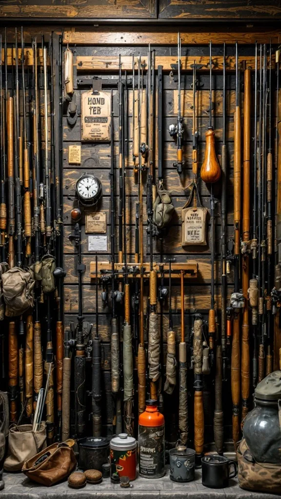 A display of fishing rods and hunting rifles in a garage man cave