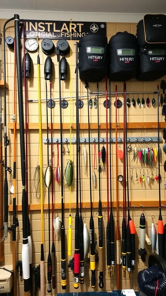 Organized fishing rods and gear displayed on a wall in a garage