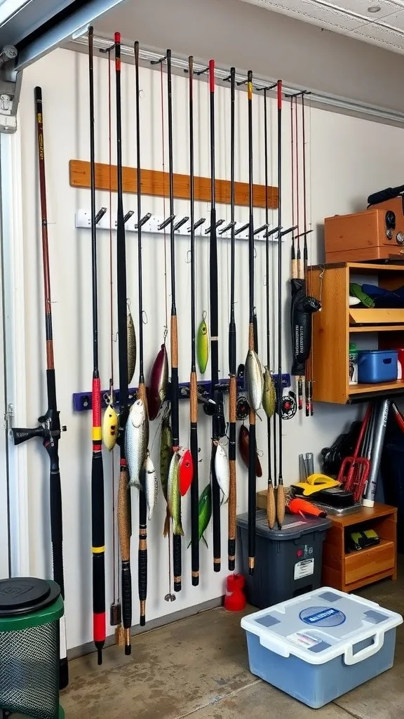 A fishing rod holder displaying multiple fishing rods and lures in a garage.