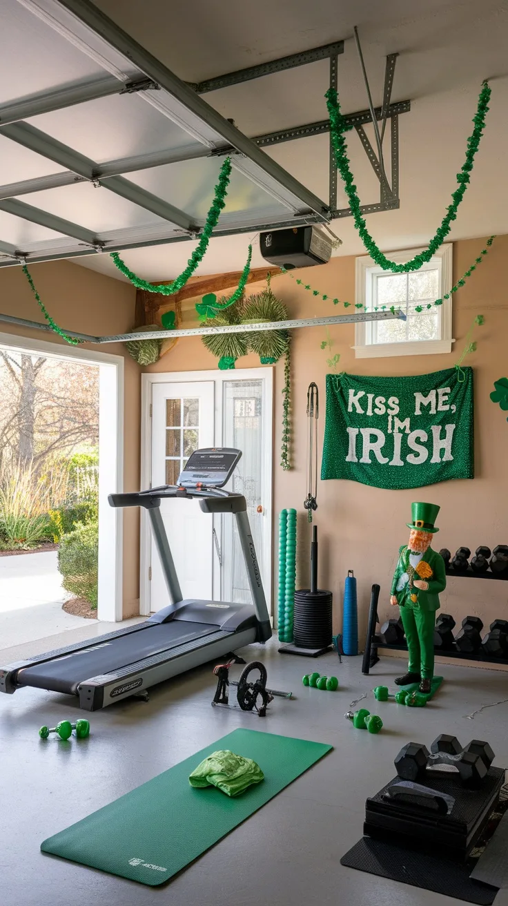 A St. Patrick's Day themed fitness studio in a garage with decorations, treadmill, weights, and a leprechaun figure.