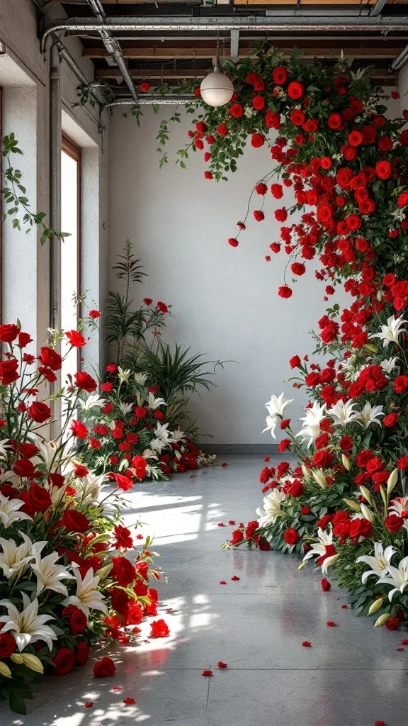 A beautiful arrangement of red roses and white lilies in a garage setting for Valentine's Day.