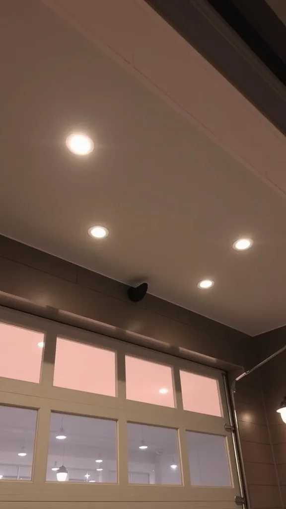 Garage interior with flush mount ceiling lights