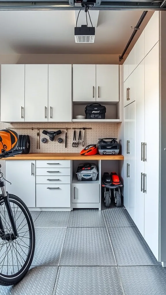 A modern garage with foldable cabinets, bicycle, and organized storage.