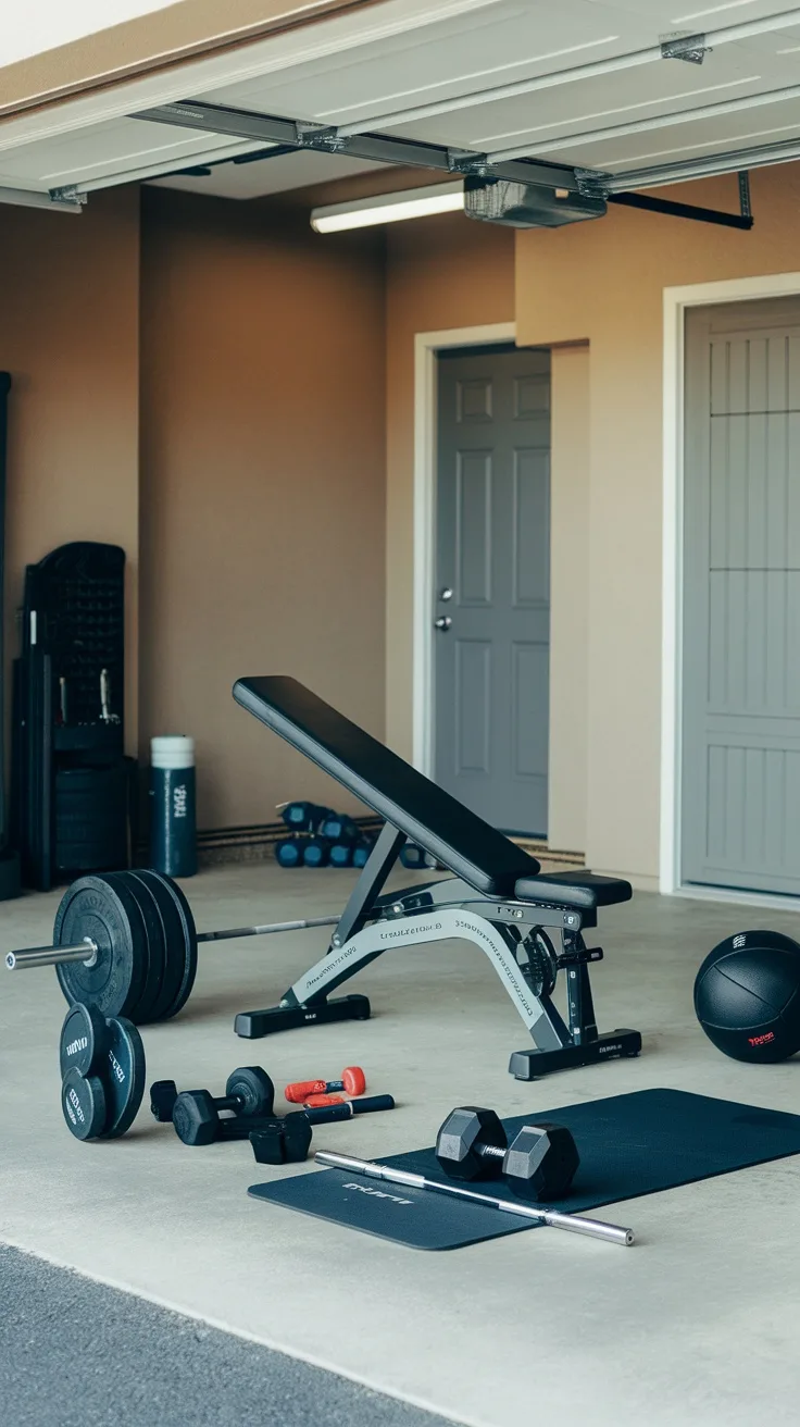 A foldable exercise bench with weights and other gym equipment in a garage setting.