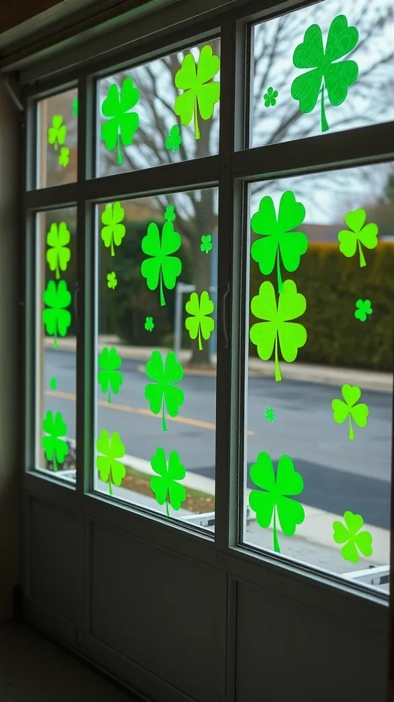 Windows decorated with green four-leaf clover clings