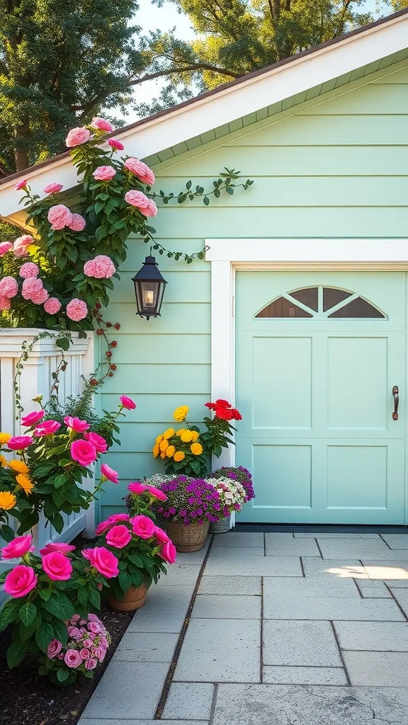 A mint green garage with flowers surrounding it.