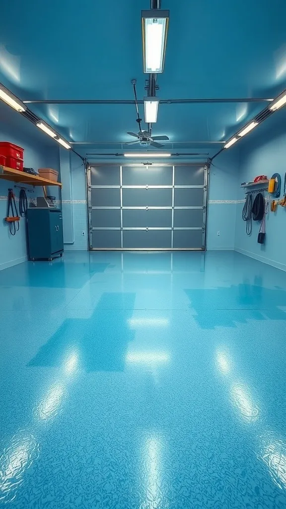 A garage with frosty ice blue epoxy flooring and walls, well-lit with modern lighting