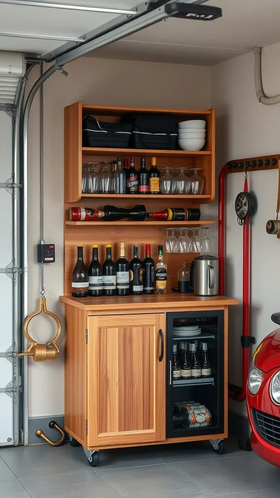 A functional garage bar with storage, showcasing bottles, glasses, and a mini-fridge