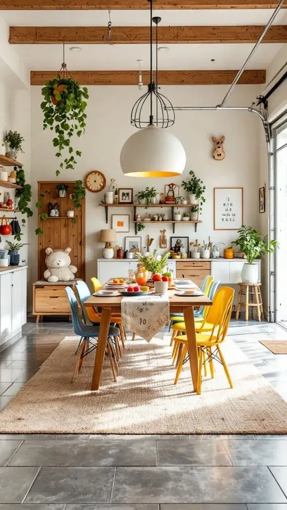 A brightly decorated dining space with colorful chairs, a wooden table, and warm decor, set up in a garage.