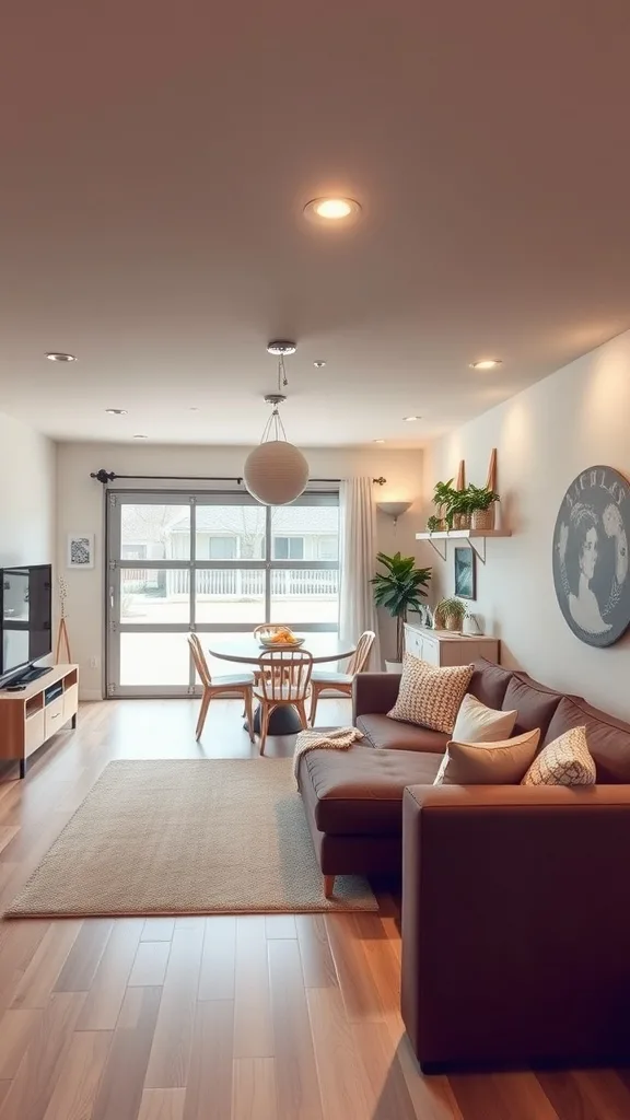 A cozy living room and dining area in an above garage apartment, featuring a couch, dining table, and plants.