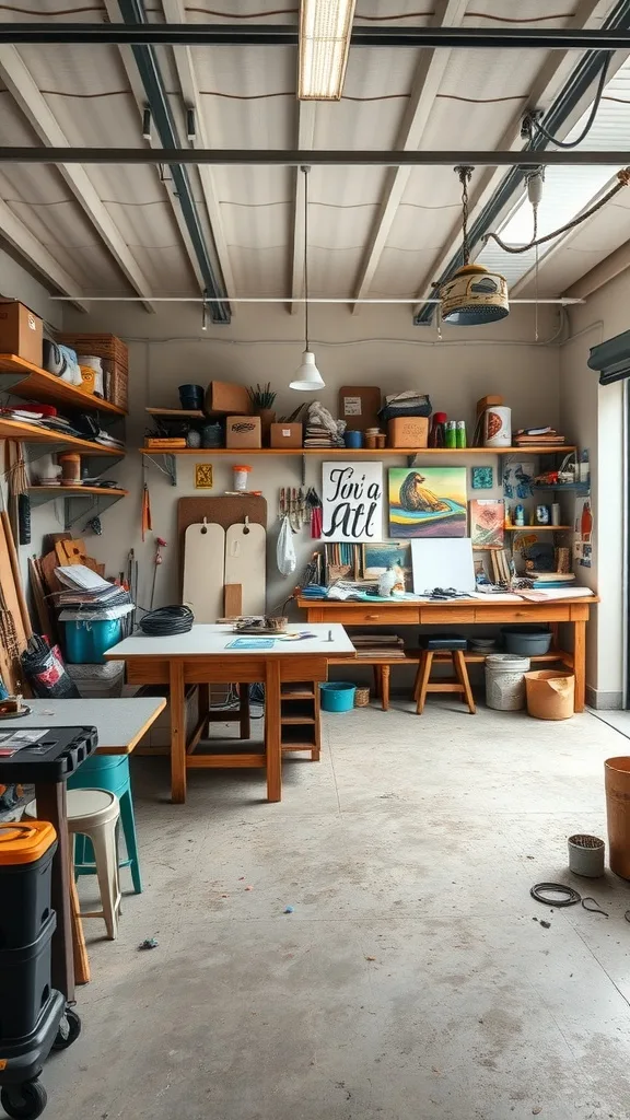 A well-organized and functional mixed media art studio in a garage, showing tables, shelves filled with supplies, and artwork on the walls.