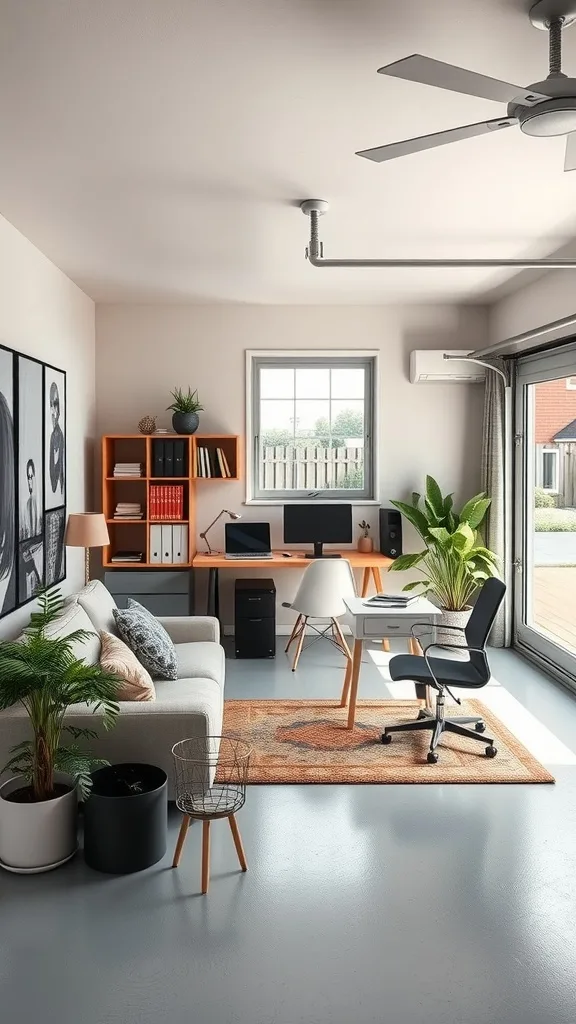 A functional office/apartment hybrid featuring a cozy sofa, workspace with monitors, and vibrant plants.