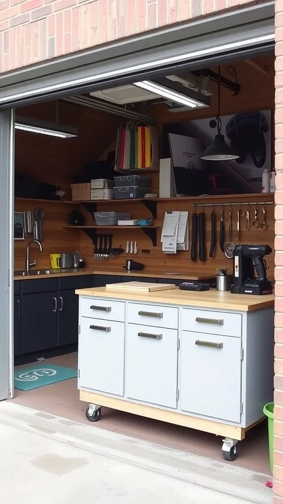 A functional garage workshop with organized tools and bright lighting