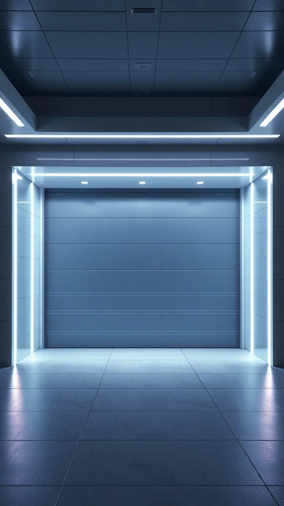 A modern garage with sleek design and integrated lighting, showcasing futuristic garage door concepts.