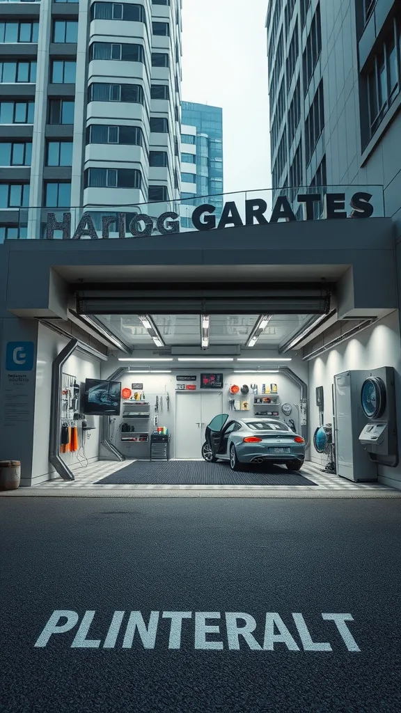 Futuristic garage with a luxury car, smart technology, and organized tools