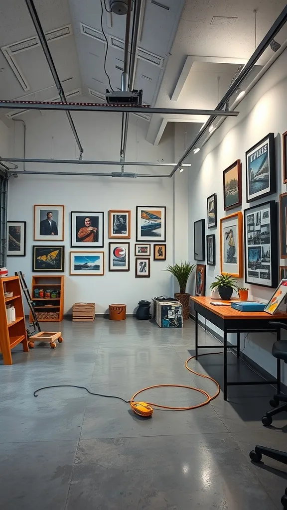 A gallery-style art studio featuring various framed artworks on the walls, a desk, and plants.