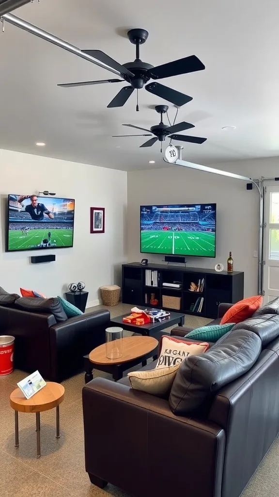 A cozy game day viewing area in a garage man cave with a large TV, comfortable chairs, and a family enjoying the game.