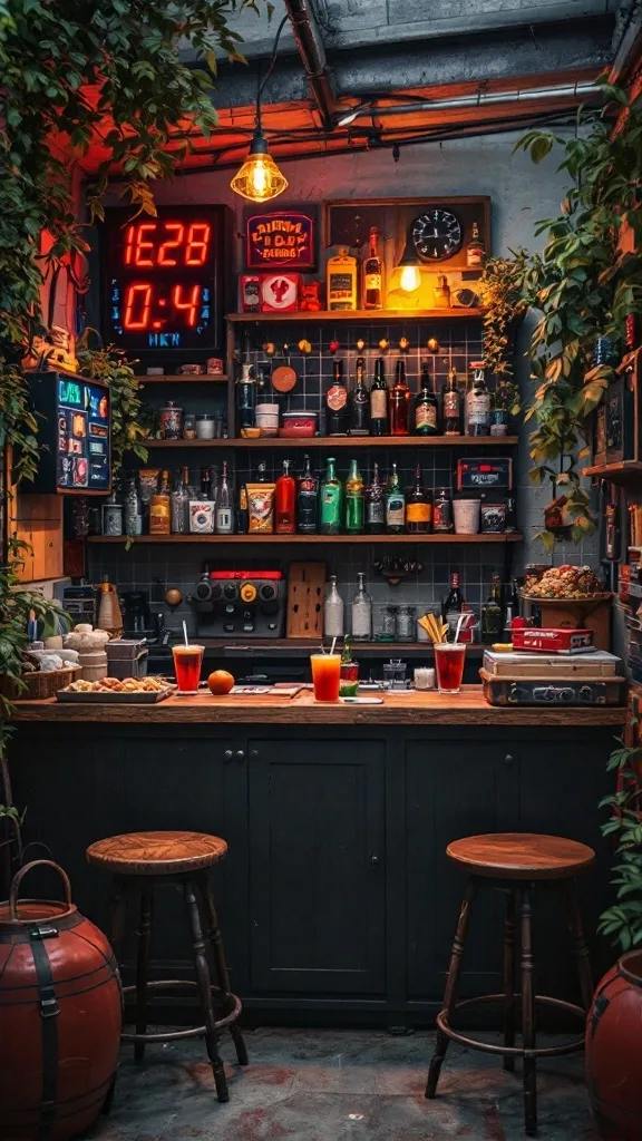 A cozy bar corner with drinks, snacks, and a scoreboard, perfect for game nights.