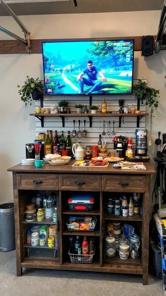 A game night drink station in a garage with bright 'GAME' lights, various drinks, and snacks.