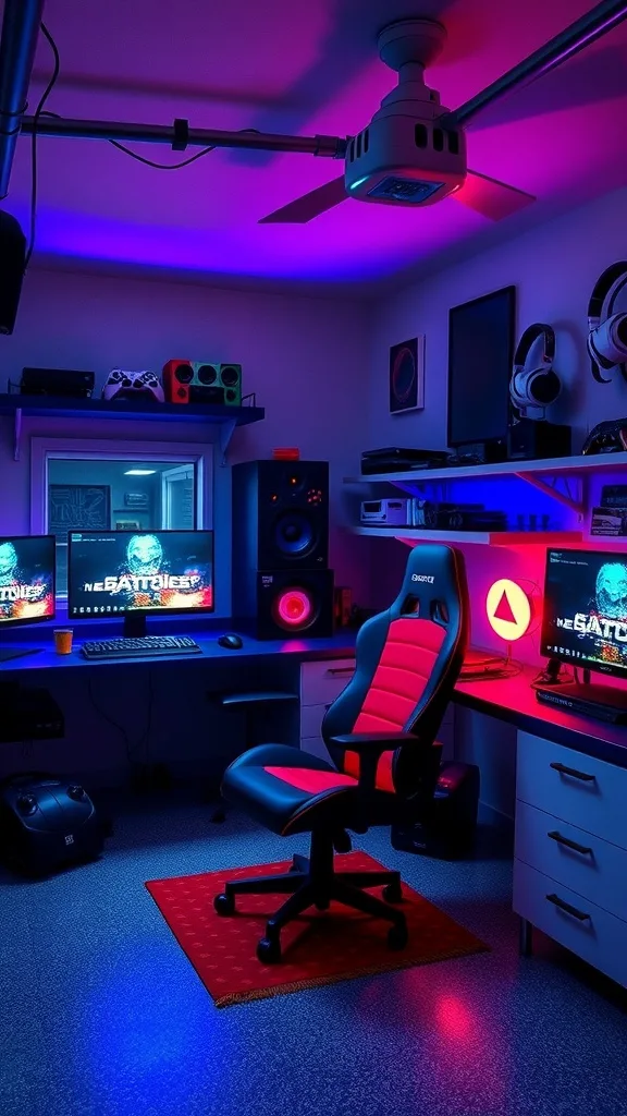 A gamer’s paradise featuring dual monitors, a gaming chair, ambient lighting, and audio equipment in a garage bedroom.