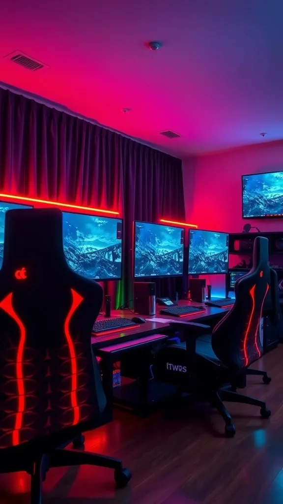 A vibrant gaming setup with multiple monitors and LED lighting