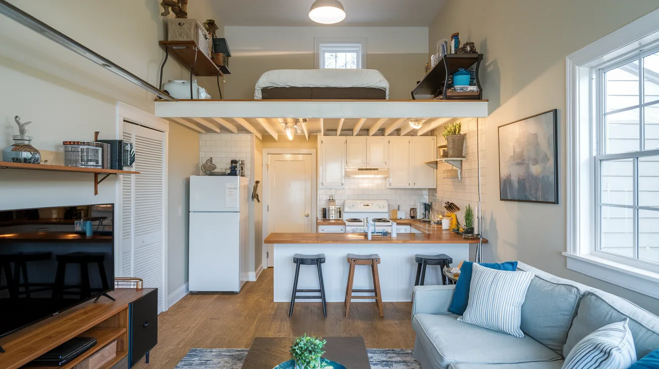 A photo of a garage apartment with a loft. The apartment has a living room with a sofa and a TV. There is a kitchen with a refrigerator and a stove. The loft has a bed and a desk. The walls are painted white, and there is a window in the living room. The floor is wooden.