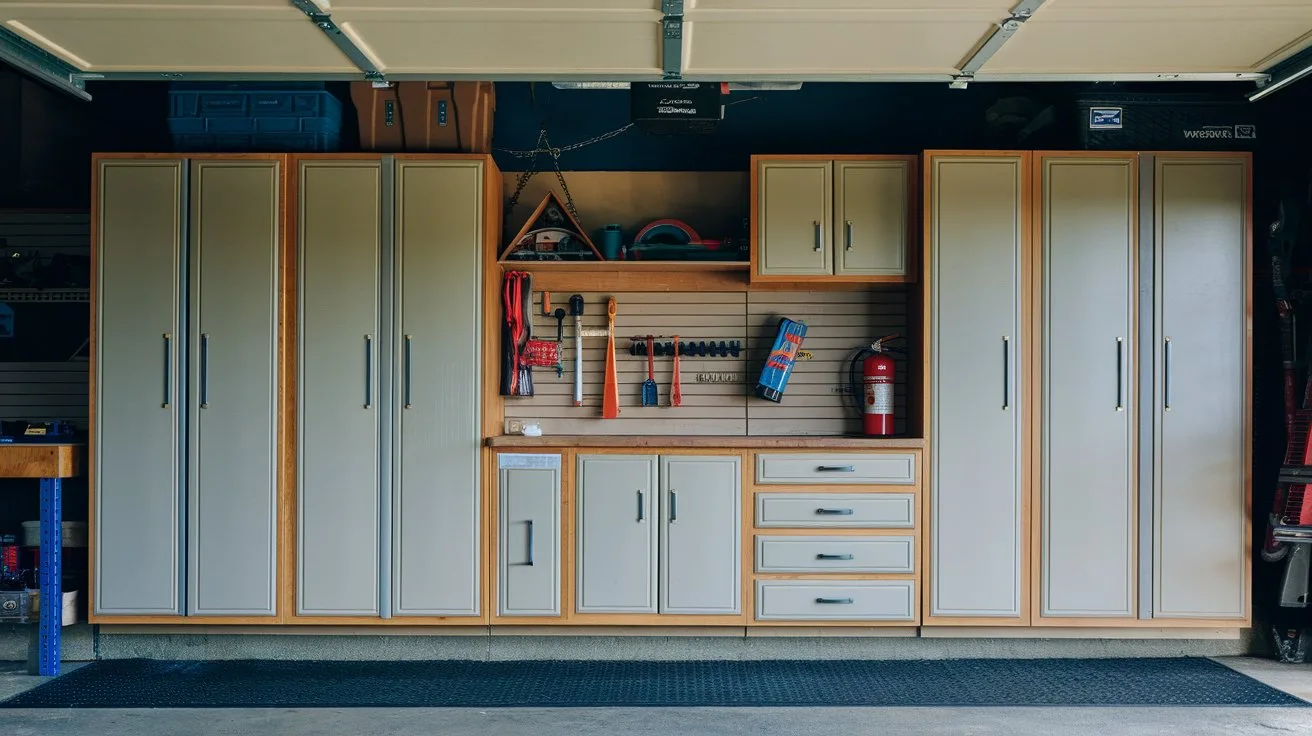 A photo of a garage with storage cabinets. The cabinets are made of wood and have a beige color. There are tools, a jack, and a fire extinguisher on the shelves. The cabinets are mounted on the wall. There is a workbench near the cabinets. The floor is covered with a rubber mat. The background is dimly lit.