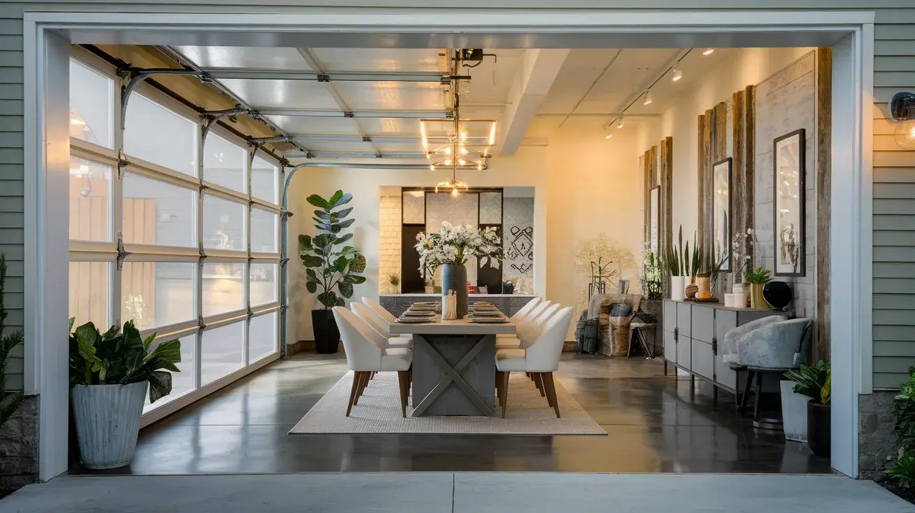 A photo of a stylish and modern garage-turned-dining room conversion. The space is well-lit, featuring a sleek dining table with elegant chairs, a contemporary chandelier, and a mix of industrial and cozy design elements. The garage door is repurposed into a glass-paneled wall, allowing natural light to flood the space. Decor includes rustic wood accents, potted plants, and soft ambient lighting. The flooring is polished concrete or wood, enhancing the sophisticated yet functional aesthetic. The atmosphere feels inviting, showcasing how a garage can be transformed into a stunning dining area.