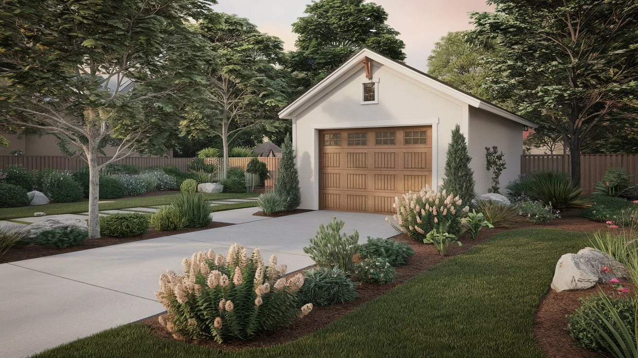 A garage with a landscaped front yard. The yard is filled with a variety of plants, including trees, shrubs, and flowers. There is a concrete walkway leading to the garage door. The garage is painted in a light colour and has a wooden door. The background contains a fence and a house. The overall image has a warm hue.