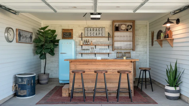 A photo of a garage turned into a creative mini bar. There's a wooden bar with a few stools. Behind the bar, there's a vintage fridge and a few shelves with glasses and bottles. There's also a potted plant and a sign that says "Garage Escape". The floor is covered with a rug. The walls have a few decorations, including a clock, a light fixture, and a few items on shelves.