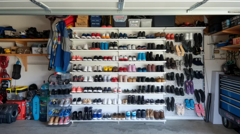 A photo of a garage with a shoe organization idea. There's a shelf filled with various shoes, including sneakers, boots, and sandals. The shoes are arranged by color and style. There's also a shoe rack with hanging shoes. The garage has tools, equipment, and other items.